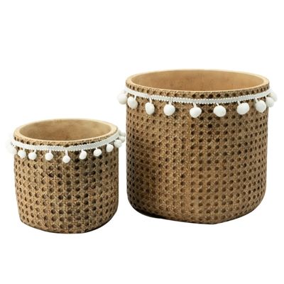 Tall Woven Cement Baskets with Pom Poms, Set of 2