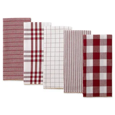 Red & White Woven Patterns 5-pc. Dish Towel Set