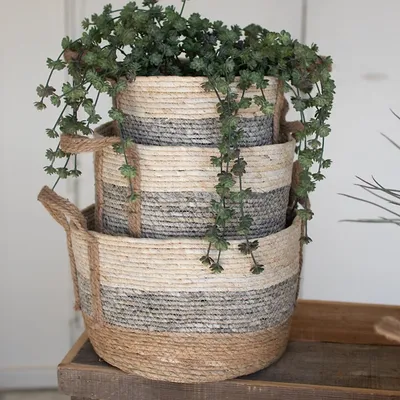 Gray and Tan Round Rush Baskets, Set of 3