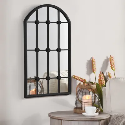 Black Iron Arched Windowpane Mirror