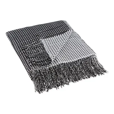 Black and White Waffle Knit Fringe Throw