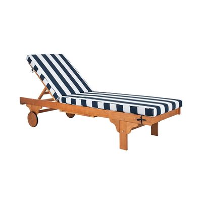 Natural Wood Chaise with Table and Striped Cushion