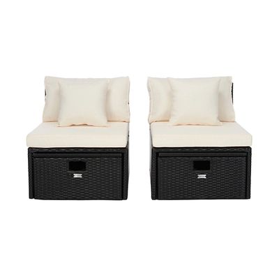 Black Wicker Chaises with Ottoman, Set of 2