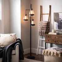 Black Metal and Glass Globe 3-Arm Floor Lamp