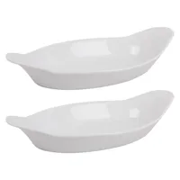 White Porcelain Oval Bakers with Handles, Set of 2