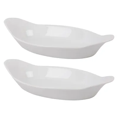 White Porcelain Oval Bakers with Handles, Set of 2