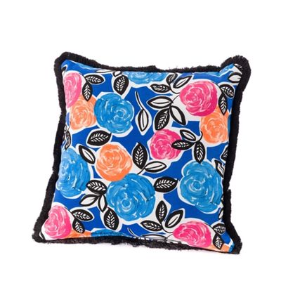Bold Blue Floral Fringe Outdoor Pillow