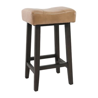 Camel Wood and Leather Backless Stool
