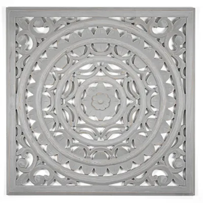Gray Handcarved Floral Medallion Wood Wall Plaque