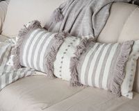 Gray and White Striped Fringe Lumbar Pillow