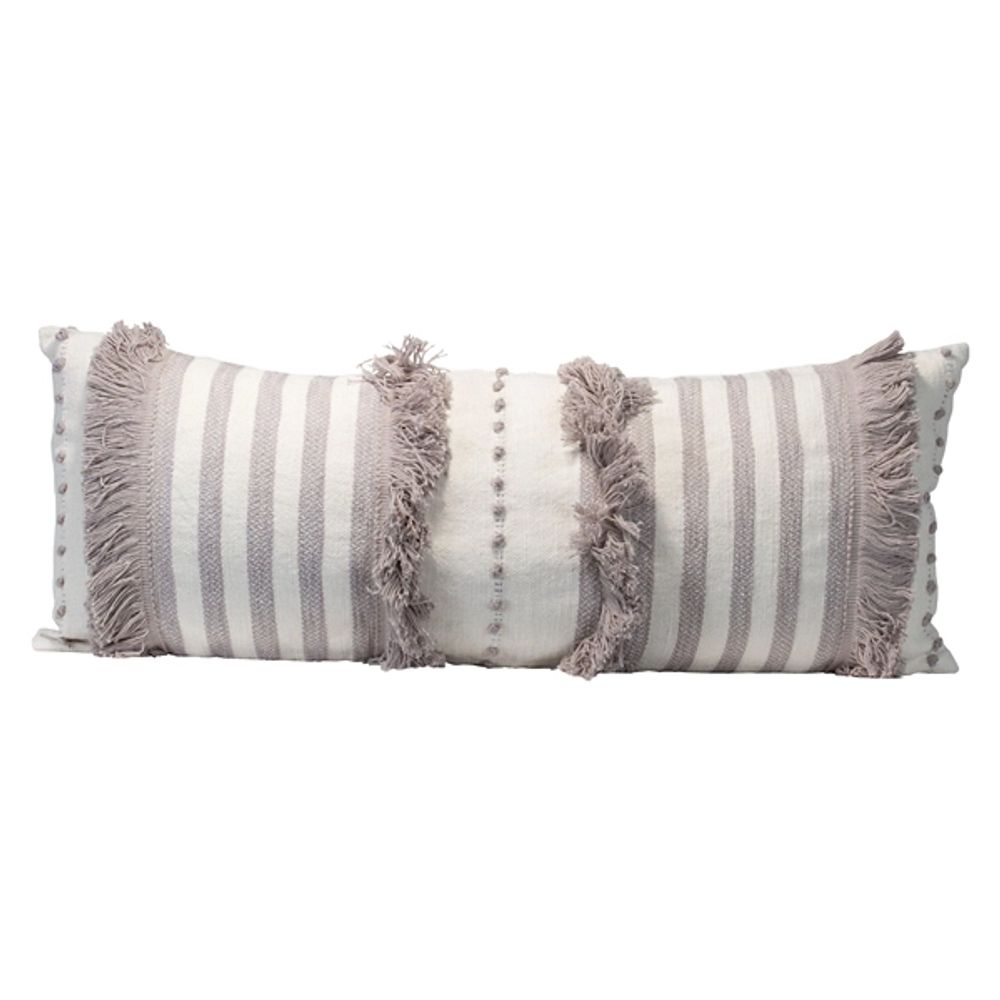 Gray and White Striped Fringe Lumbar Pillow