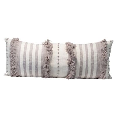 Gray and White Striped Fringe Lumbar Pillow