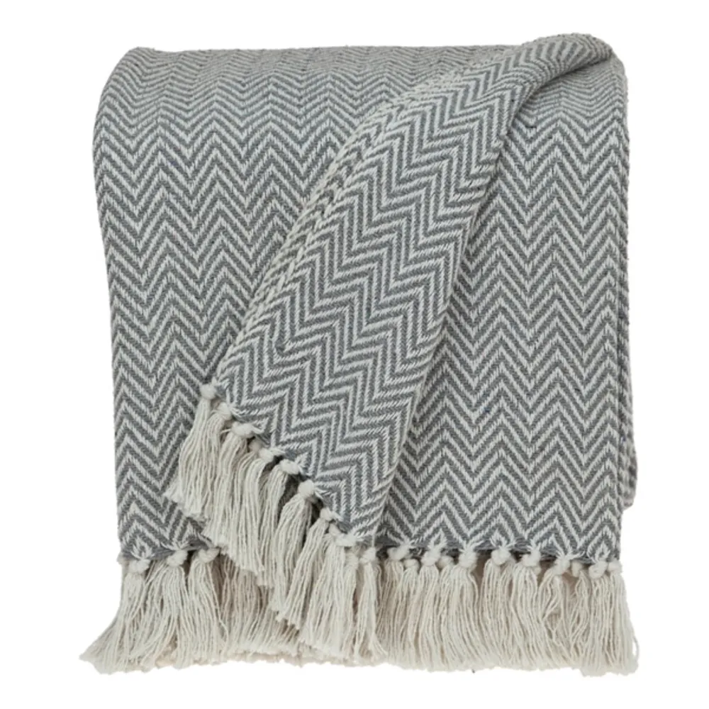 Gray Chevron Cotton Handloomed Tassel Throw