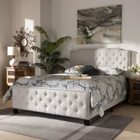 Beige Upholstered Button Tufted King Panel Bed