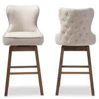 Beige Button Tufted Swivel Bar Stools, Set of 2