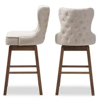 Beige Button Tufted Swivel Bar Stools, Set of 2