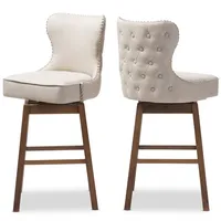 Beige Button Tufted Swivel Bar Stools, Set of 2