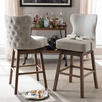 Beige Button Tufted Swivel Bar Stools, Set of 2