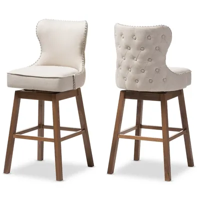 Beige Button Tufted Swivel Bar Stools, Set of 2