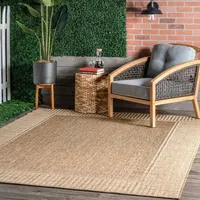 Asia Brown Stripe Border Outdoor Rug, 8x10