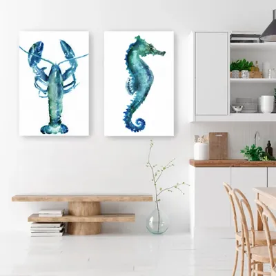 Lobster and Seahorse Canvas Art Prints, Set of 2