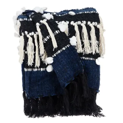 Black and White Eclectic Woven Throw with Tassels