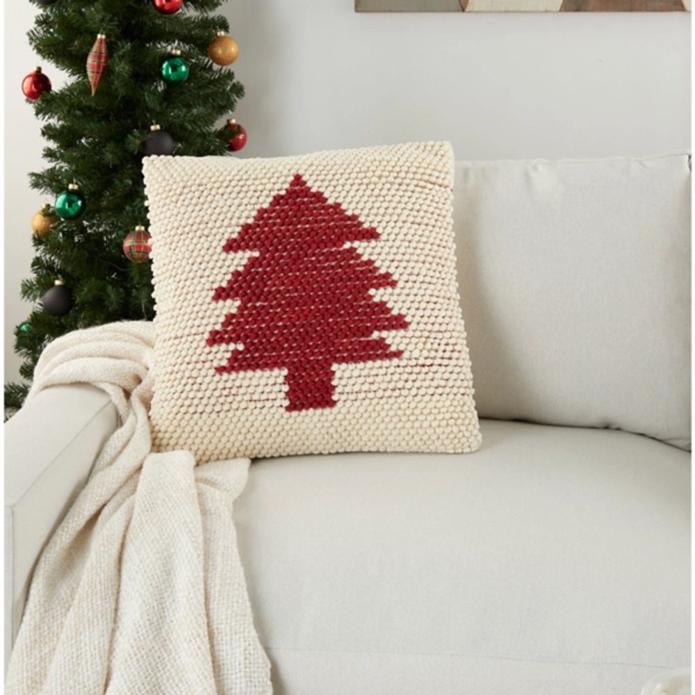 Ivory and Red Looped Christmas Tree Throw Pillow