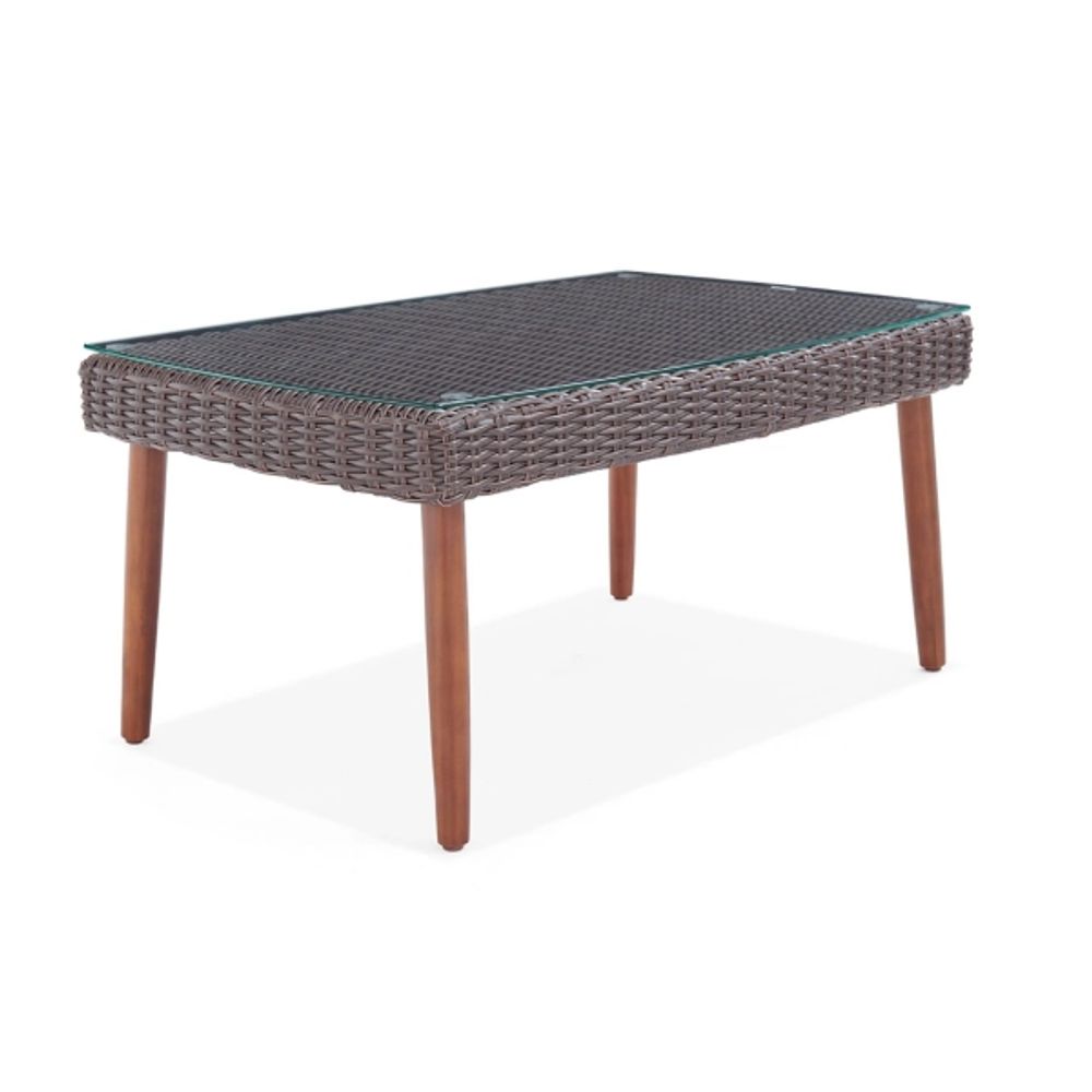 Dark Brown Wicker Coffee Table with Glass Top