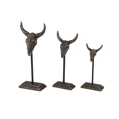 Carved Iron Bullhead Statues, Set of 3