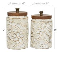 White Floral Jars with Wood Lids, Set of 2