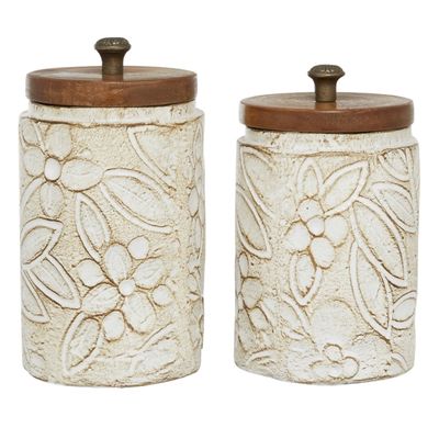 White Floral Jars with Wood Lids, Set of 2