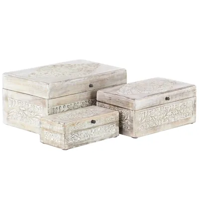 Whitewashed Floral Carved Wood Boxes, Set of 3