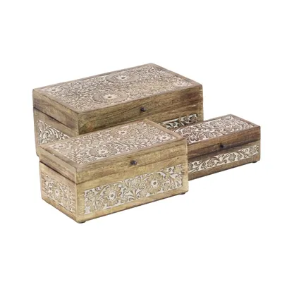 Natural Floral Carved Wood Boxes, Set of 3