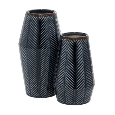 Navy Carved Chevron Ceramic Vases, Set of 2