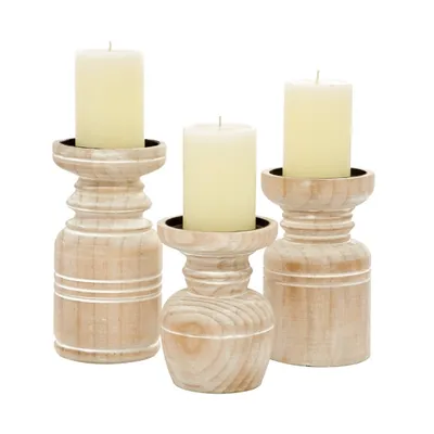 White Washed Wood Carved Candle Holders, Set of 3