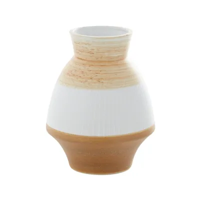 Tan and White Striped Coastal Ceramic Vase