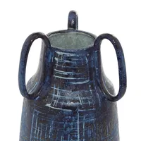 Blue Crosshatch Triple Handle Ceramic Vase, 13 in.