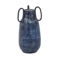 Blue Crosshatch Triple Handle Ceramic Vase, 13 in.