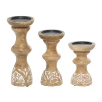 Carved Mango Wood Pillar Candle Holders, Set of 3