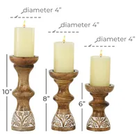 Carved Mango Wood Pillar Candle Holders, Set of 3
