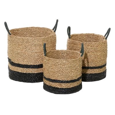 Black Stripe Sea Grass Baskets, Set of 3