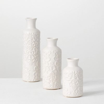 White Embossed Scrolling 3-pc. Vase Set