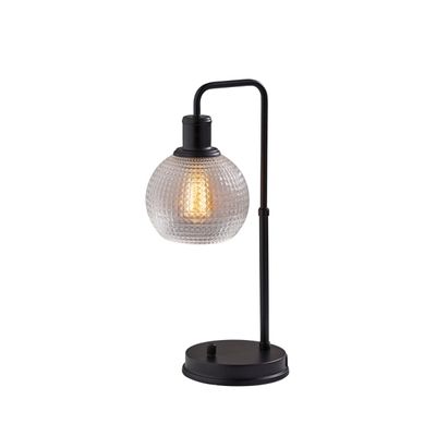 Black Metal Table Lamp with Textured Glass Shade