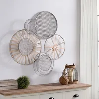 Gray Metal and Rattan Cord Discs Wall Sculpture