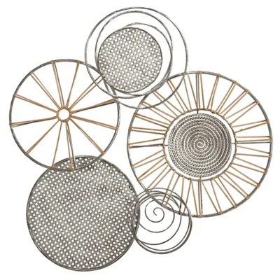 Gray Metal and Rattan Cord Discs Wall Sculpture