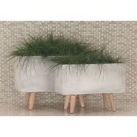 Light Gray Clay and Wooden Feet Planters, Set of 2