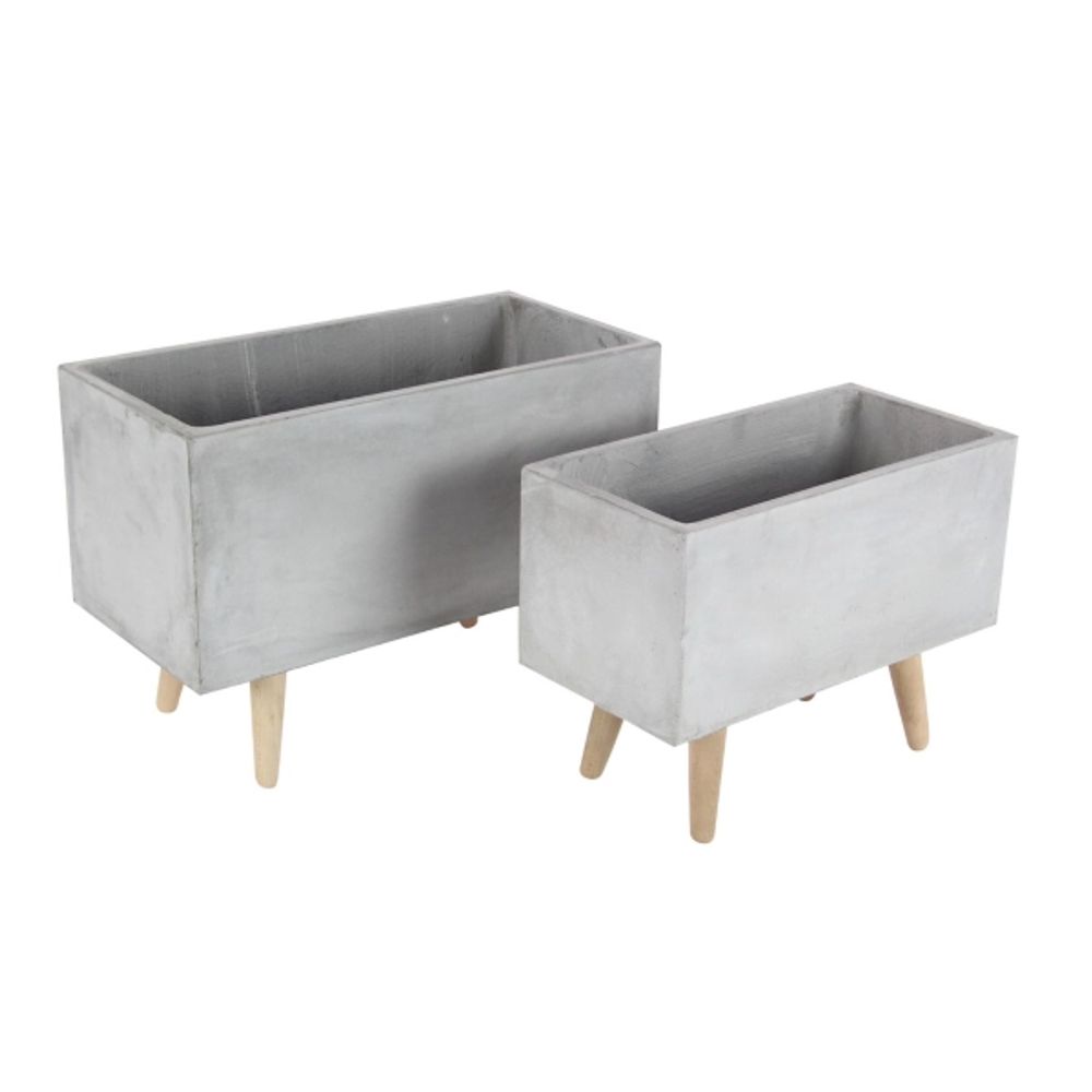 Light Gray Clay and Wooden Feet Planters, Set of 2