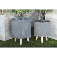 Charcoal Clay and Wood Hexagon Planters, Set of 2