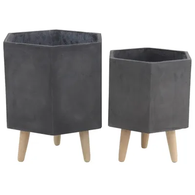 Charcoal Clay and Wood Hexagon Planters, Set of 2