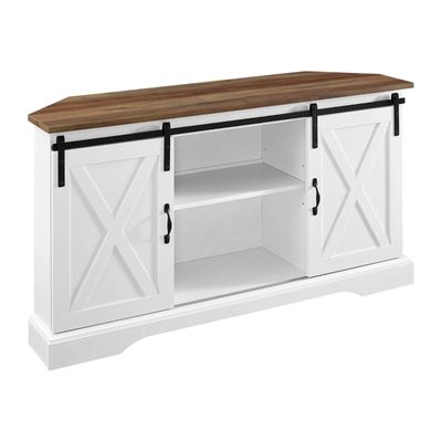 White and Natural Sliding Barn Door TV Stand